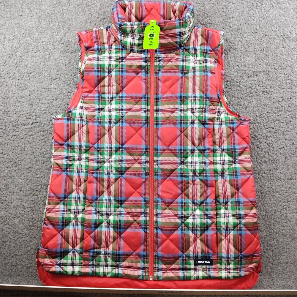 Lands End Quilted Puffer Vest Red Tartan Plaid Size S 6-8 Womens NWT